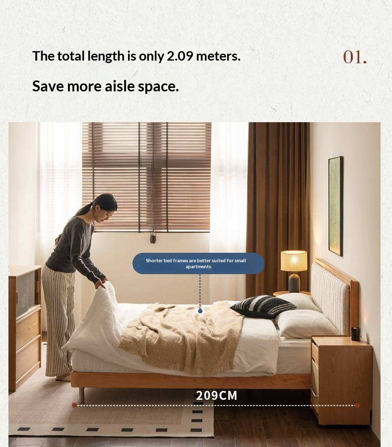 Cherry Solid Wood Bed with Modern Minimalist Design and Genuine Leather Headboard