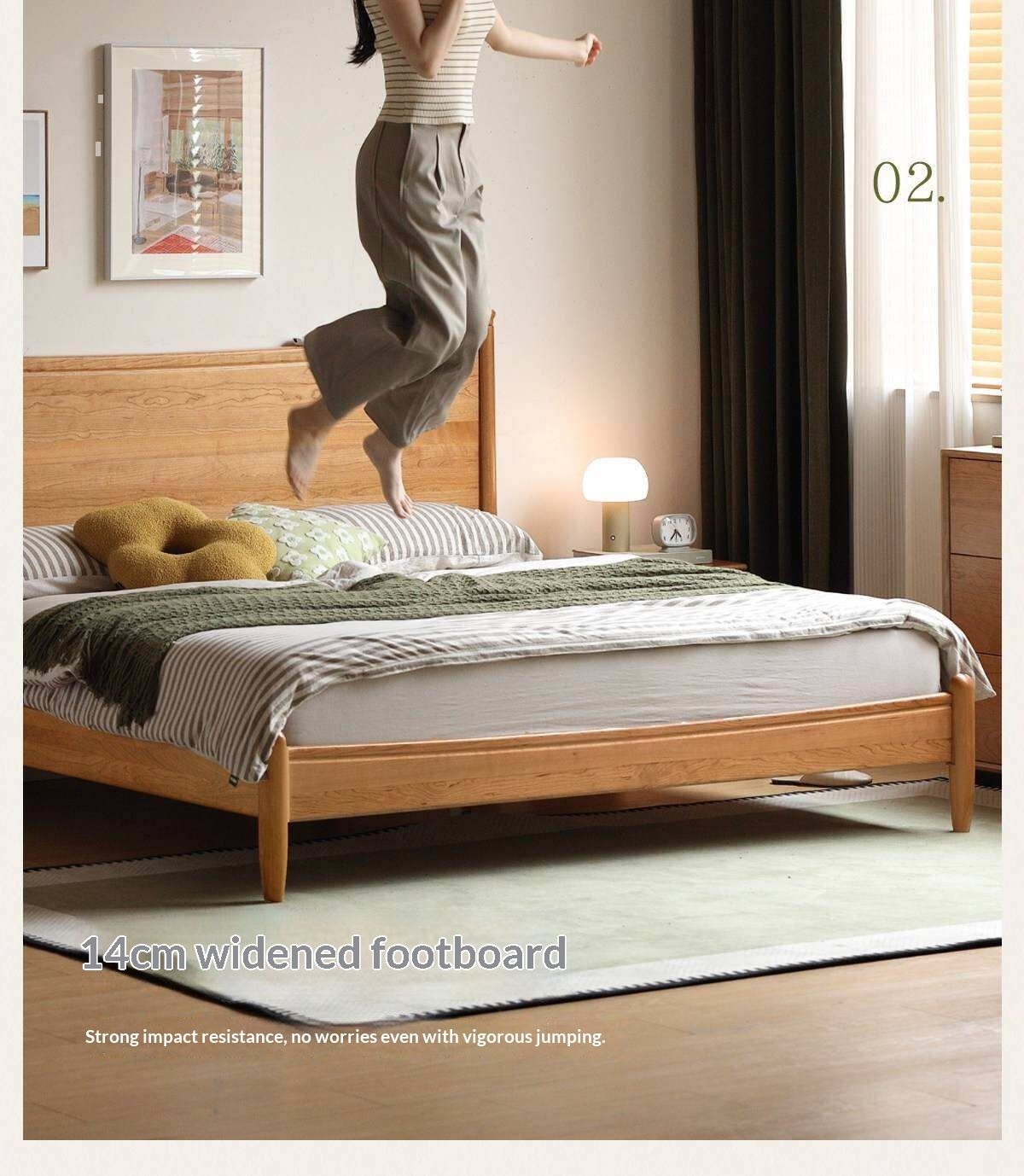 Cherry Solid Wood Nordic Platform Bed with Curved Panel Headboard