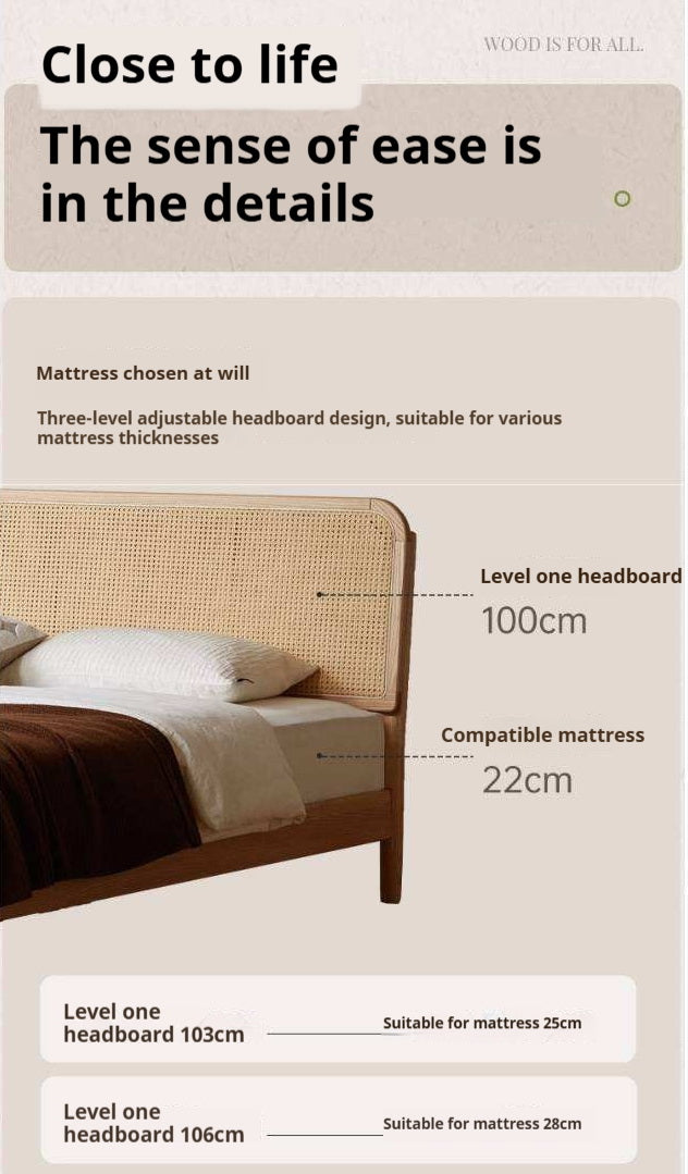 Oak Solid Wood Platform Bed with Curved Rattan Headboard