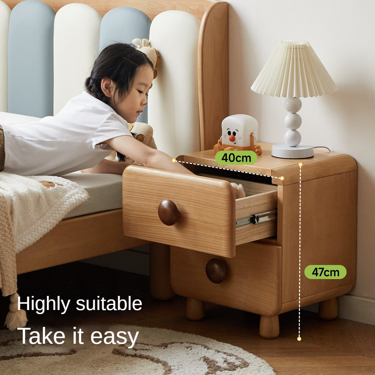 Beech Solid Wood Kids Two-Drawer Nightstand with Round Knob Pulls and Rounded Edges