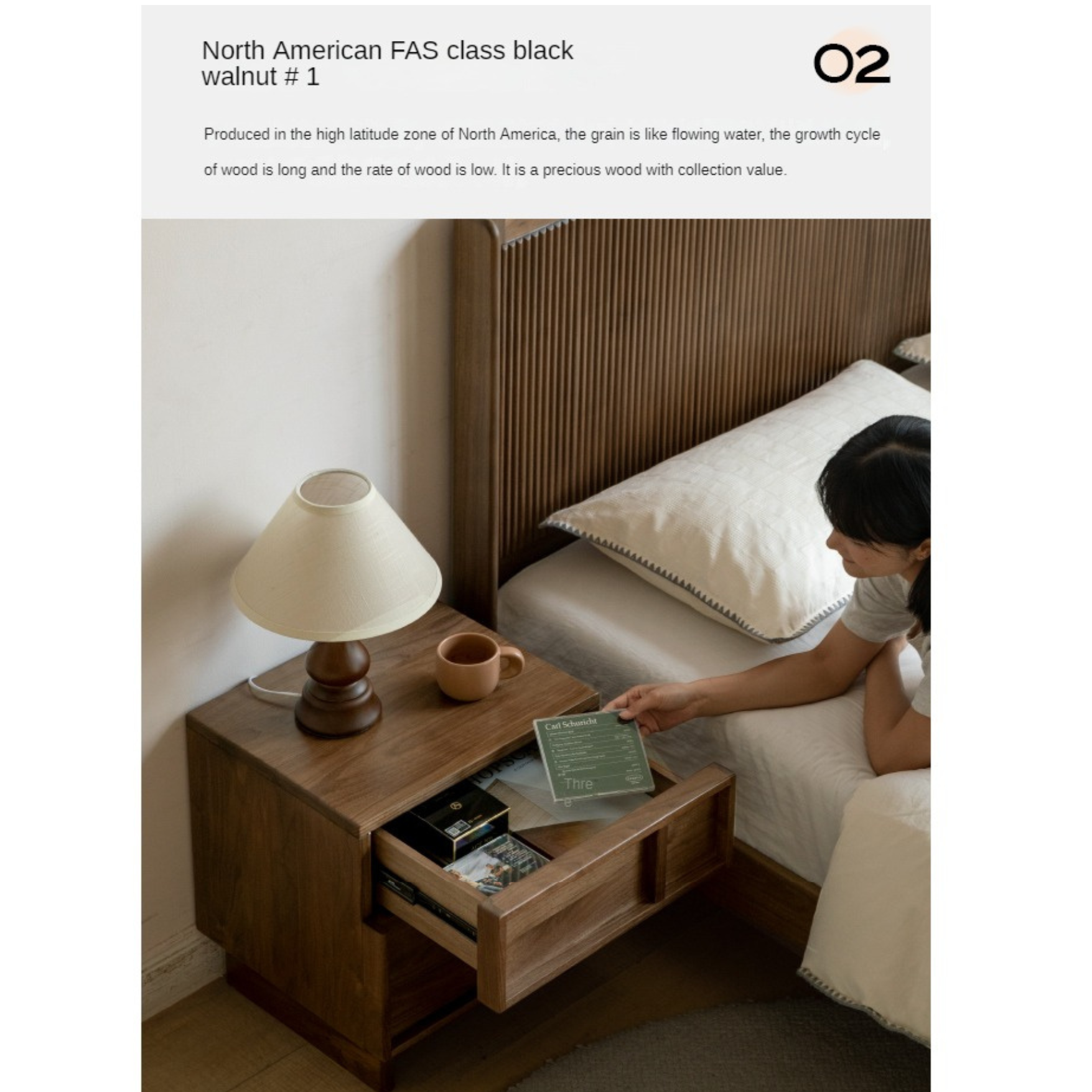 Black Walnut Solid Wood Storage Bedside Nightstand ,