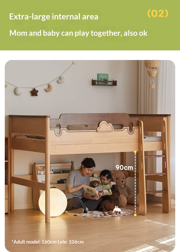 Rubberwood Solid Wood Children's Loft Bed with Under-Bed Cabinets