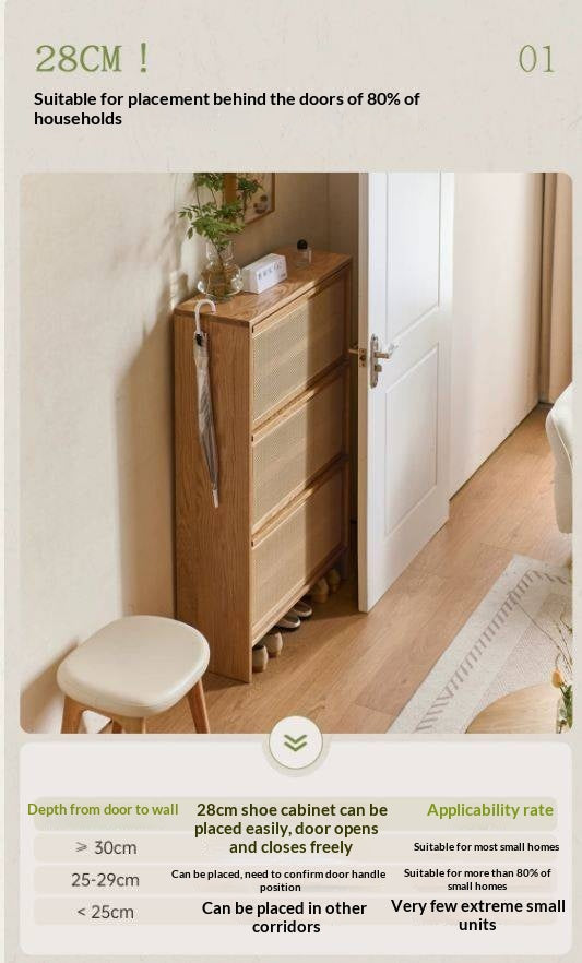 Oak Solid Wood Shoe Cabinet with Modern Minimalist Flip Door, Rattan Accents