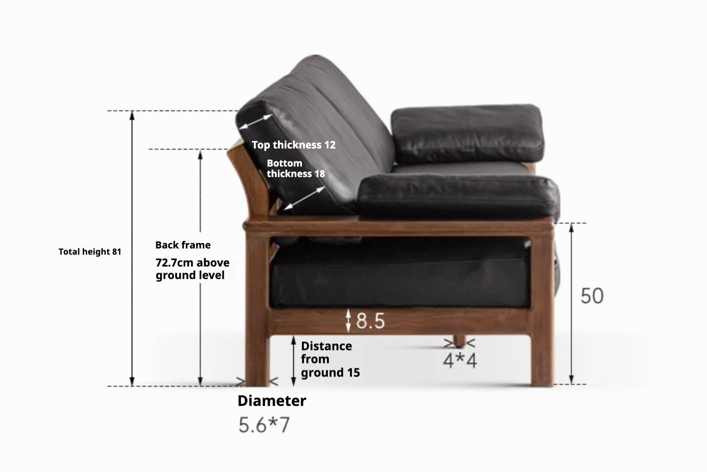 Black Walnut, Ash Solid Wood Wabi Sabi Style Genuine Leather Sofa, fabric sofa