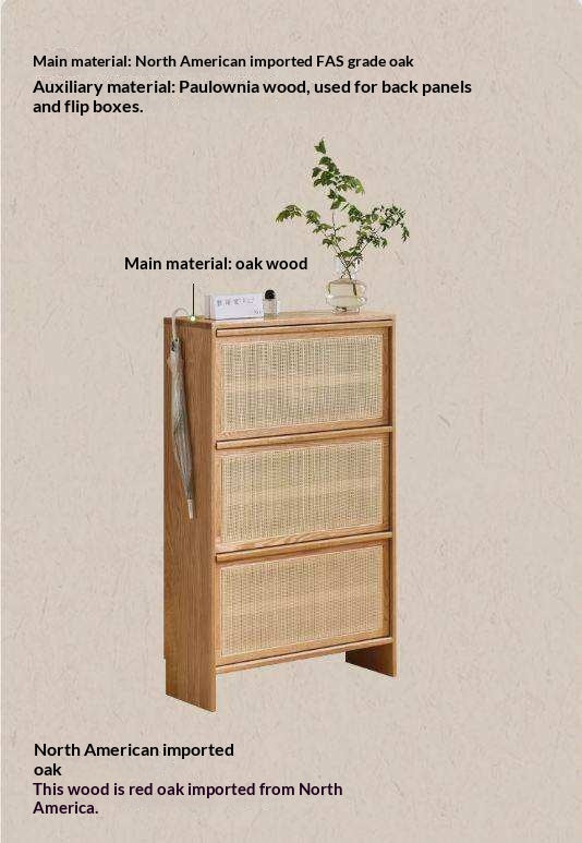Oak Solid Wood Shoe Cabinet with Modern Minimalist Flip Door, Rattan Accents