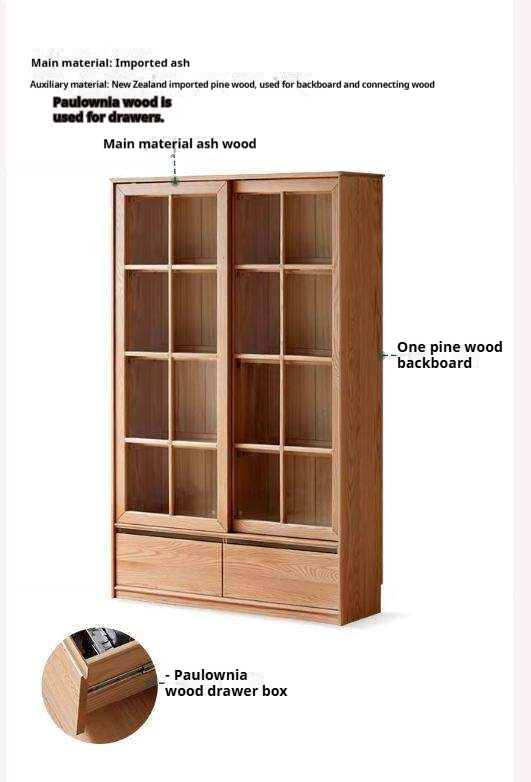 Ash Solid Wood Bookcase with Sliding Doors and Floor-to-Wall Glass Display Cabinet