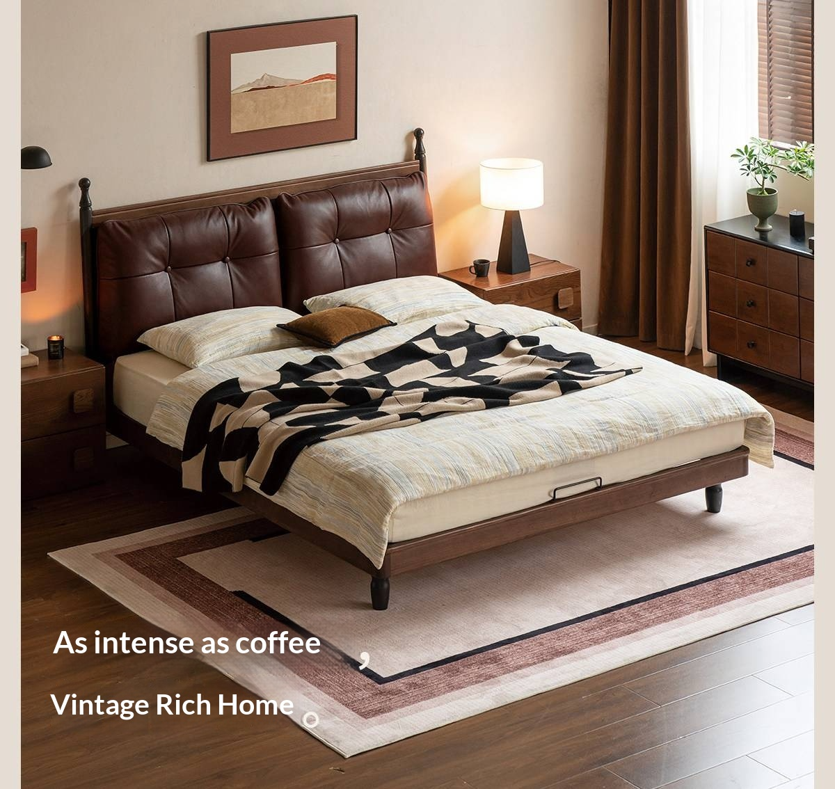 Black Walnut Solid Wood Leather Four Poster Bed with Tufted Headboard