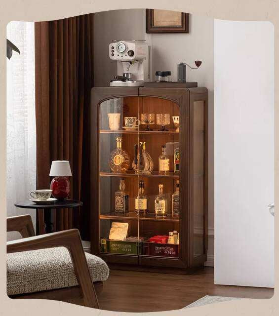 Black Walnut Solid Wood Side Cabinet with LED Lighting and Glass Panels