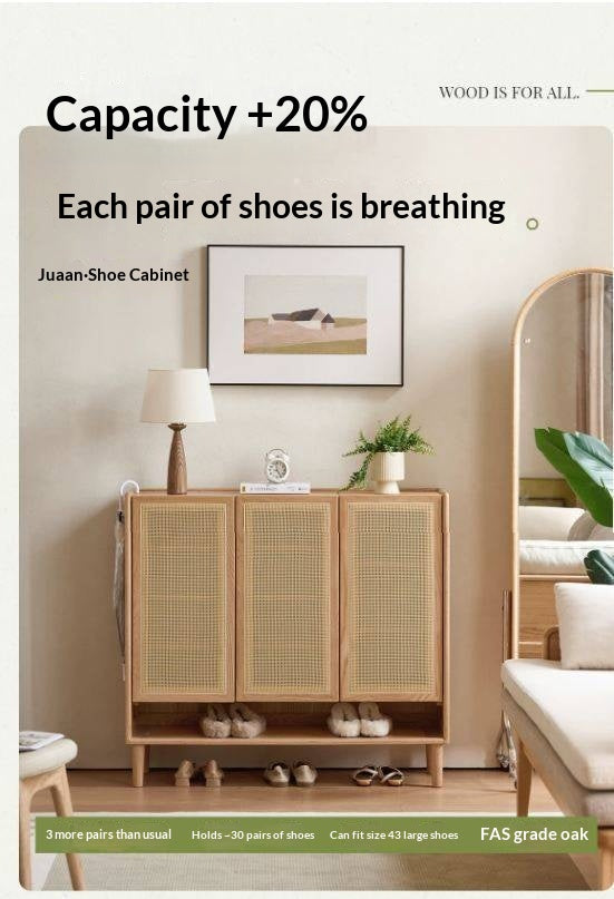 Oak Solid Wood Shoe Cabinet with Large Capacity and Vine Weaving Design