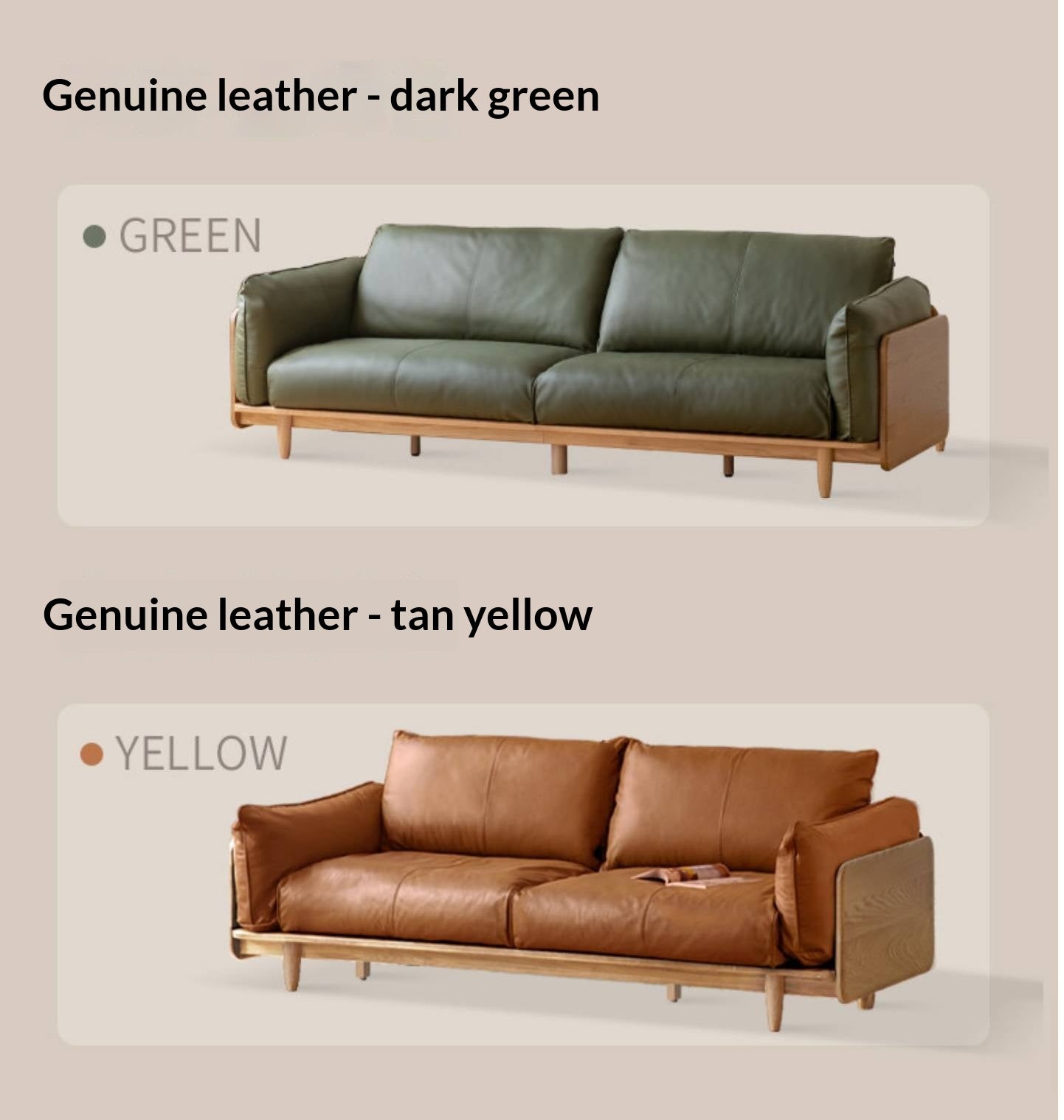 Oak, Ash Solid Wood Sofa with Exposed Wide Arms, High-Back, Genuine leather -fabric