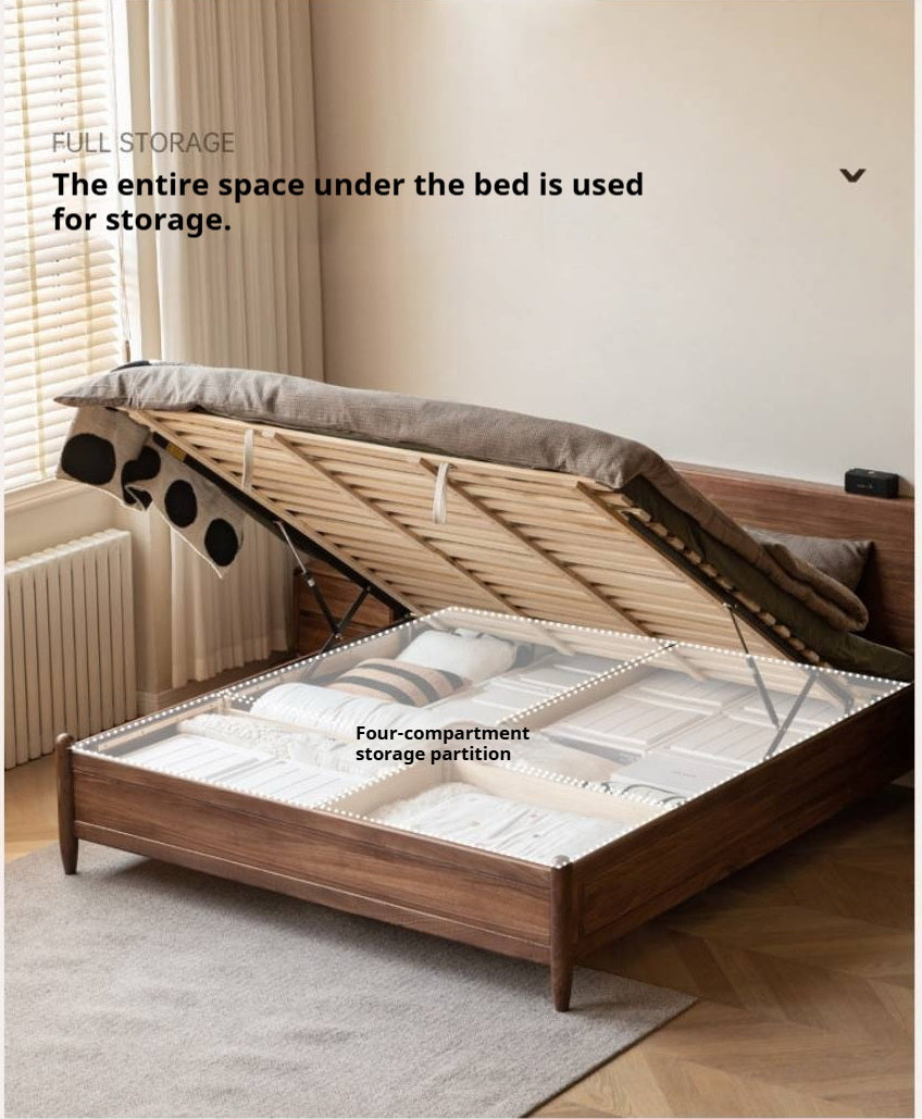 Black Walnut Solid Wood Adjustable Storage Bed with Flat Panel Headboard