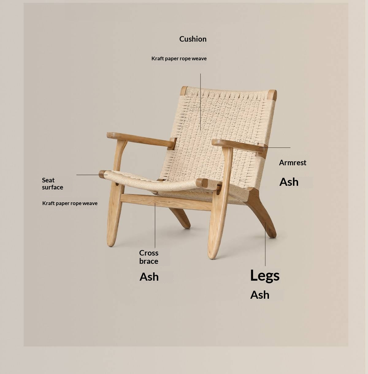 Ash Solid Wood Woven Rope Lounge Chair with Backrest