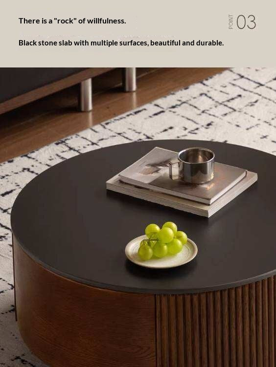 Oak Solid Wood Coffee Table with Layered Round Design and Rock Top