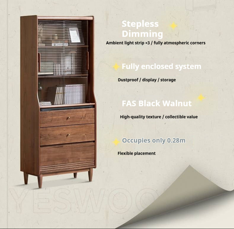 Black Walnut Solid Wood Bookcase with Interior Lighting