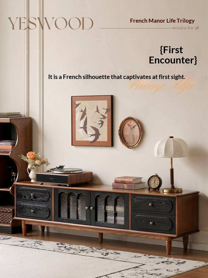 Black Walnut, Ash Solid Wood TV Cabinet with Integrated Storage, Vintage Style Floor Cabinet