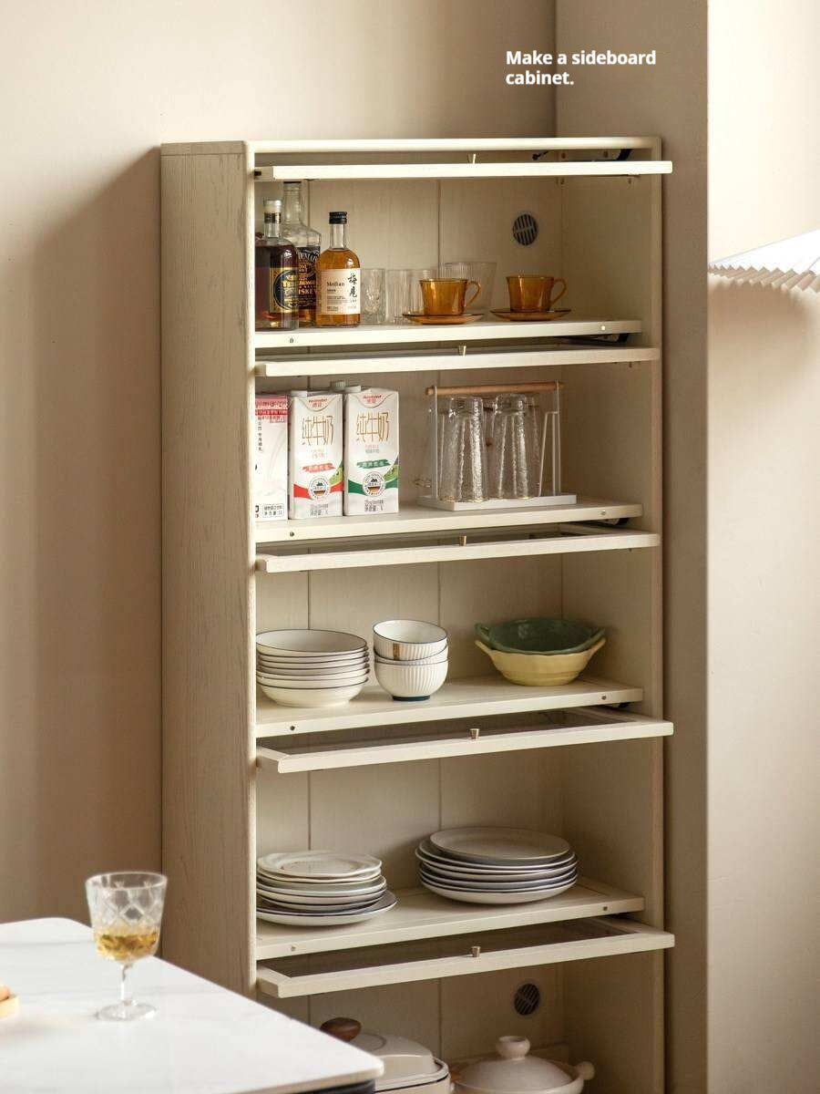 Oak Solid Wood Bookcase Cream Flip Door Glass Display Cabinet