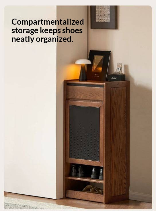Oak Solid Wood Narrow Shoe Storage Cabinet with Flip-Top Compartment and Perforated Metal Door