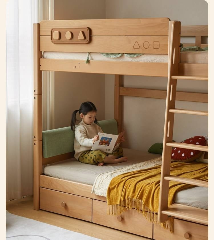 Beech Solid Wood Convertible Bunk Bed with Storage Drawers