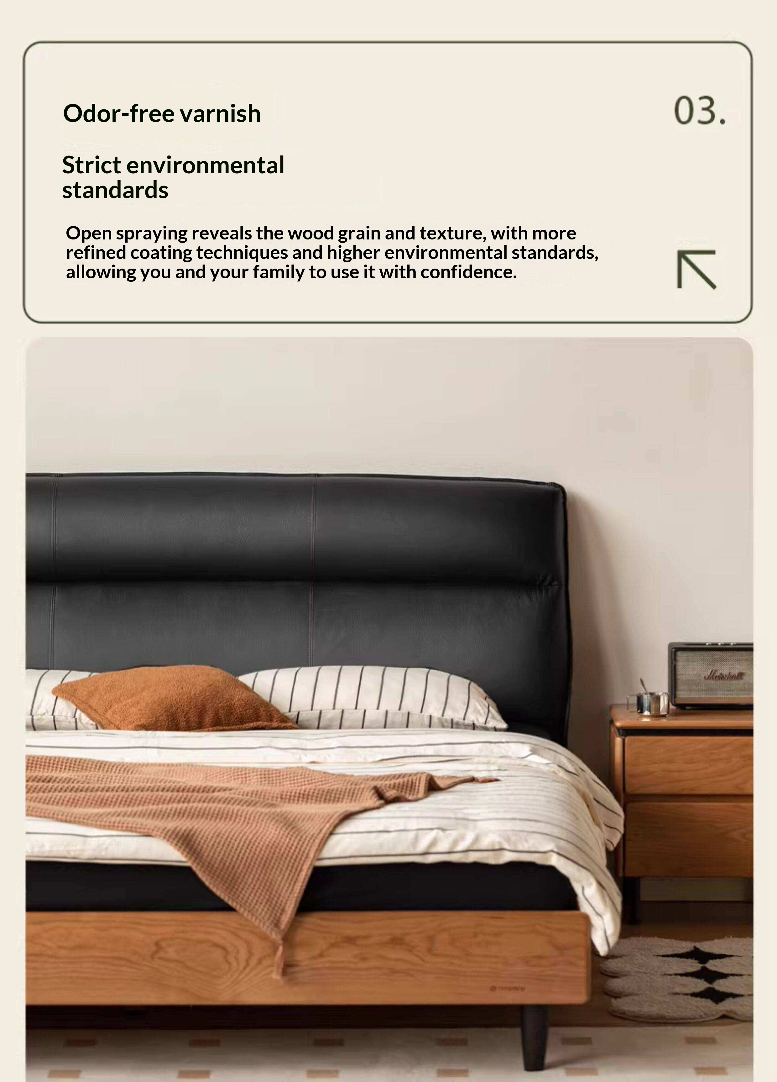 Cherry Solid Wood Genuine Leather Curved Upholstered Headboard Platform Bed