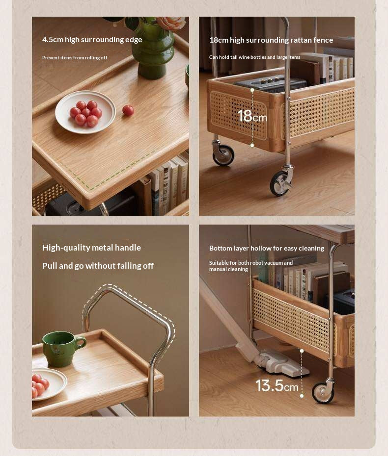 Oak Solid Wood Side Table with Double Layer Storage and Rattan Accents, Mobile