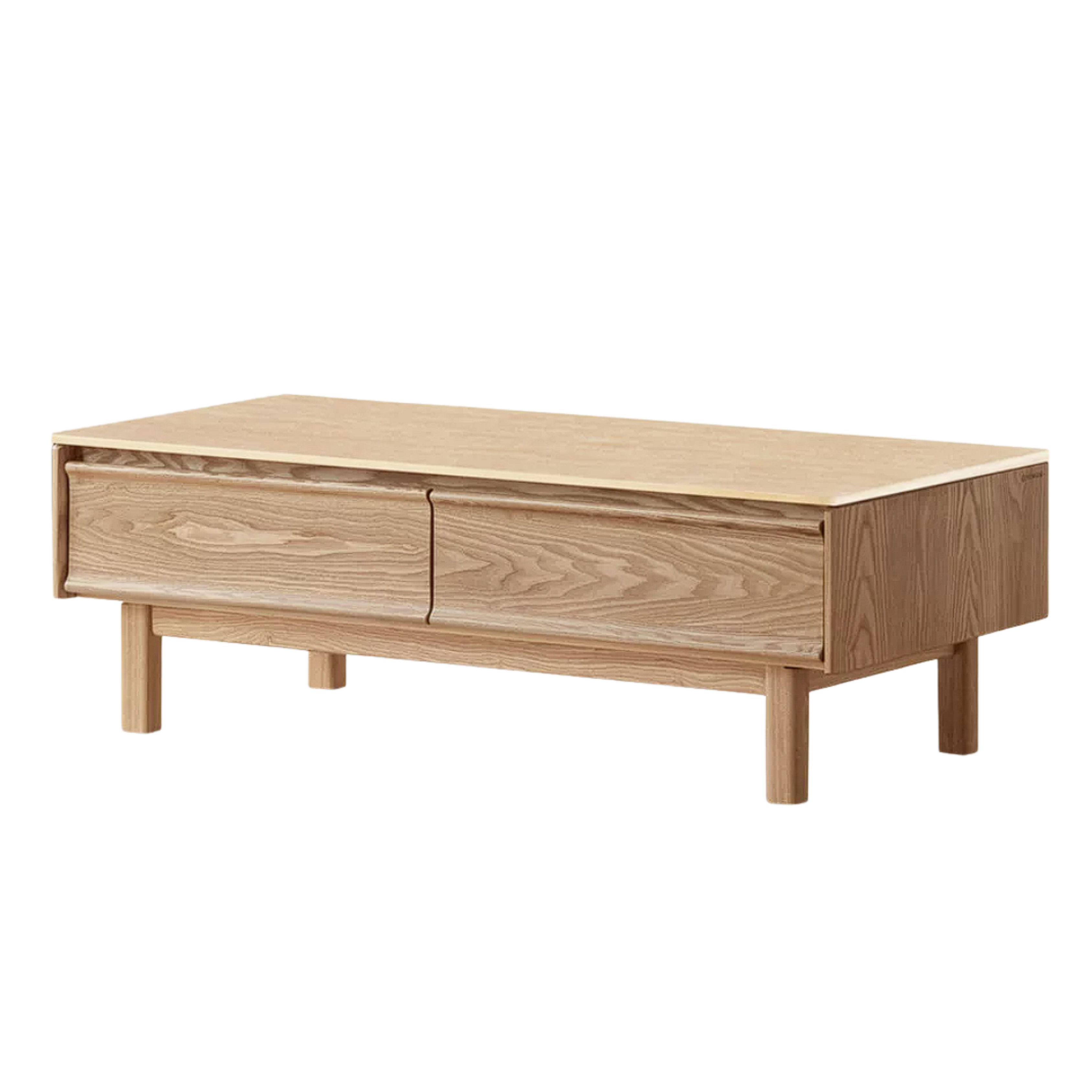 Ash Solid Wood Coffee Table with Beveled Edge, Two Drawers, Tapered Legs