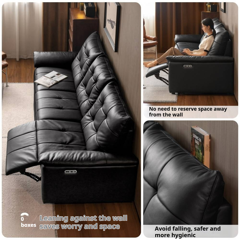 Pine Solid Wood Big Black Functional Leather Sofa