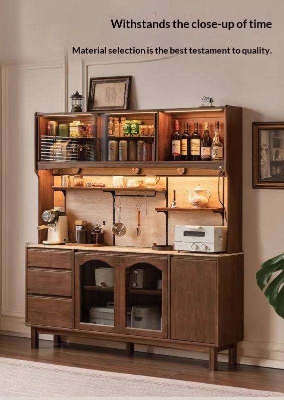 Black Walnut Solid Wood Buffet Cabinet with Retro Style and Rock Board Surface