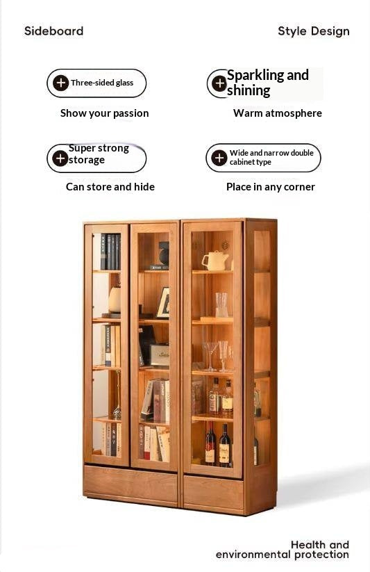Cherry Solid Wood Bookcase with Glass Display Cabinets