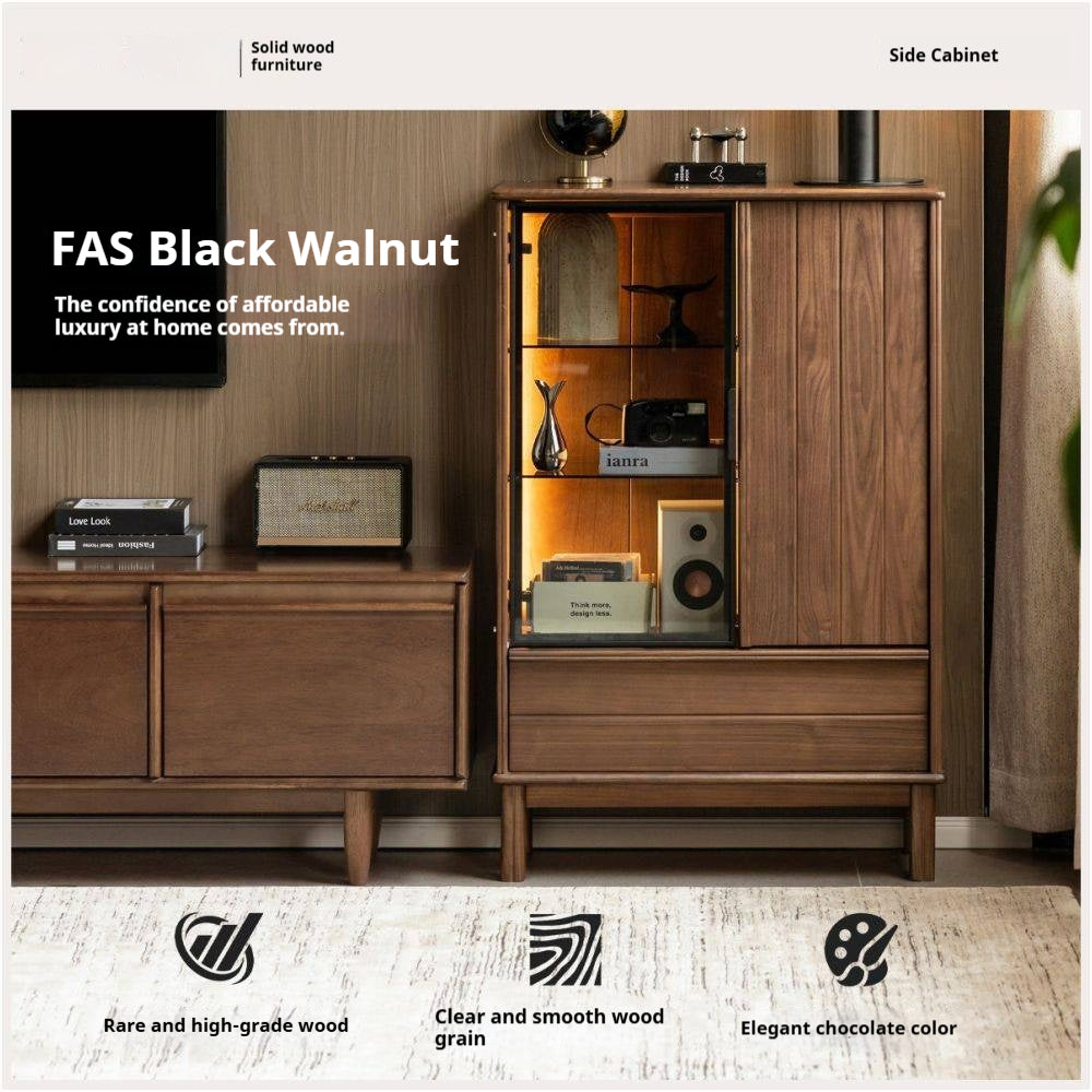 Black Walnut Solid Wood, Solid Longan Hardwood Wine Bar Cabinet with LED Lighting and Glass Door