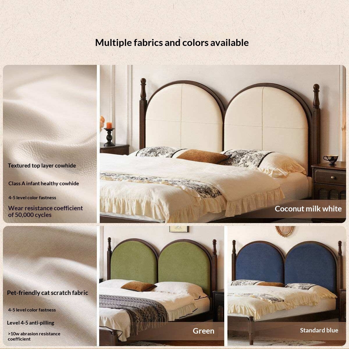 Poplar Solid Wood Bed with Double Arched Upholstered Headboard and Turned Wood Posts