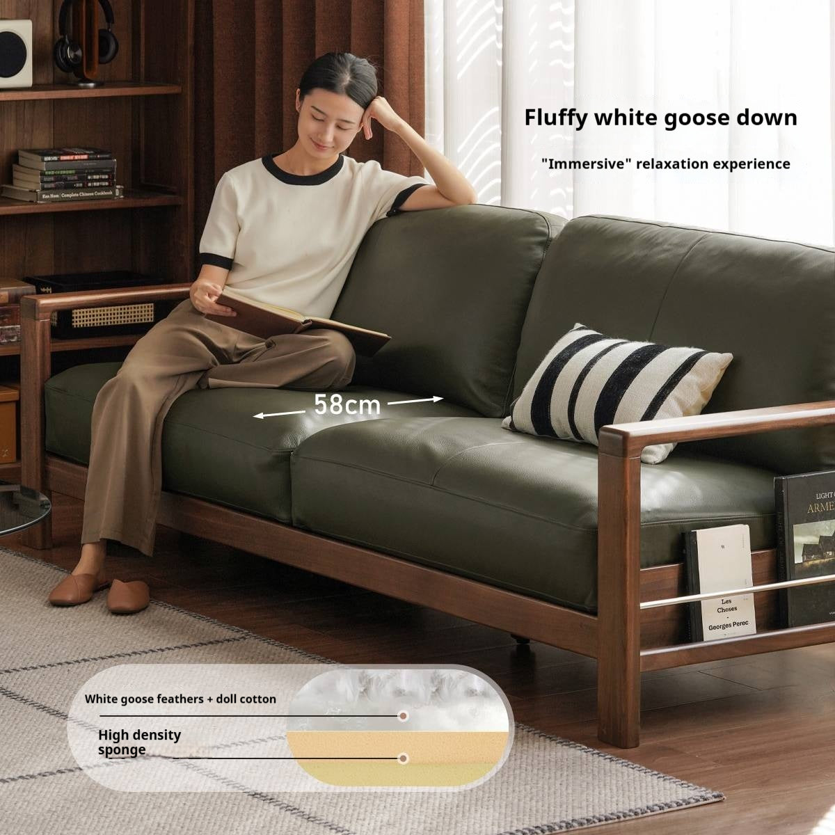 Black Walnut Solid Wood Leather Sofa