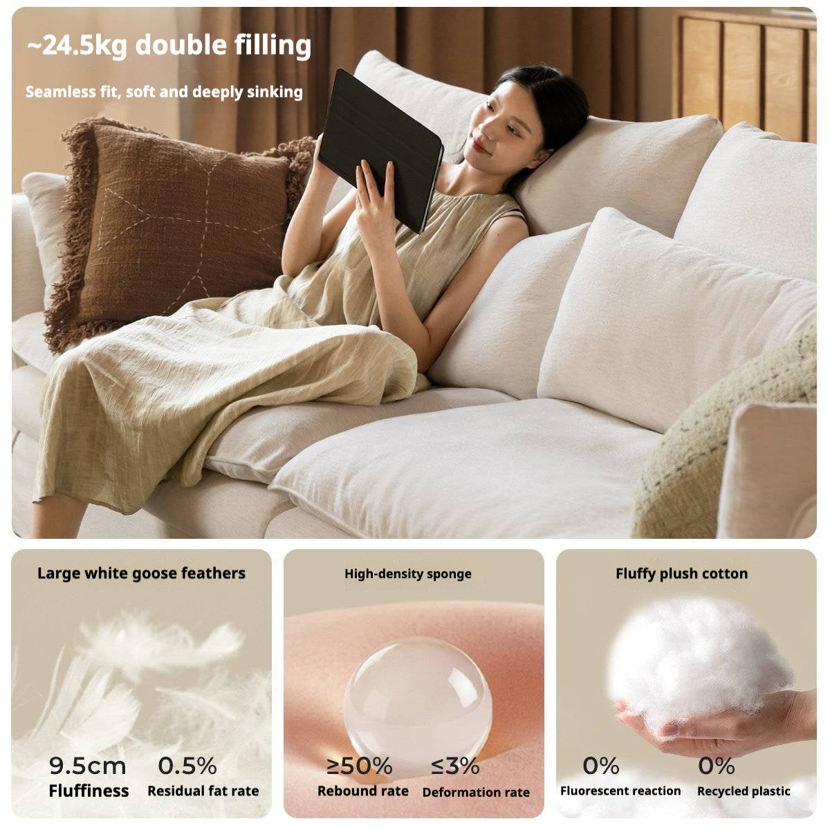 Deep Seat Modular Sofa with Cotton-Linen Upholstery