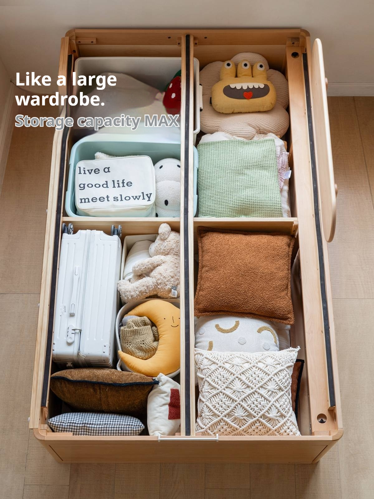 Beech, Rubberwood Solid Wood Kids’ Bed with Guardrail, Platform Bed, Headboard-Free Bed