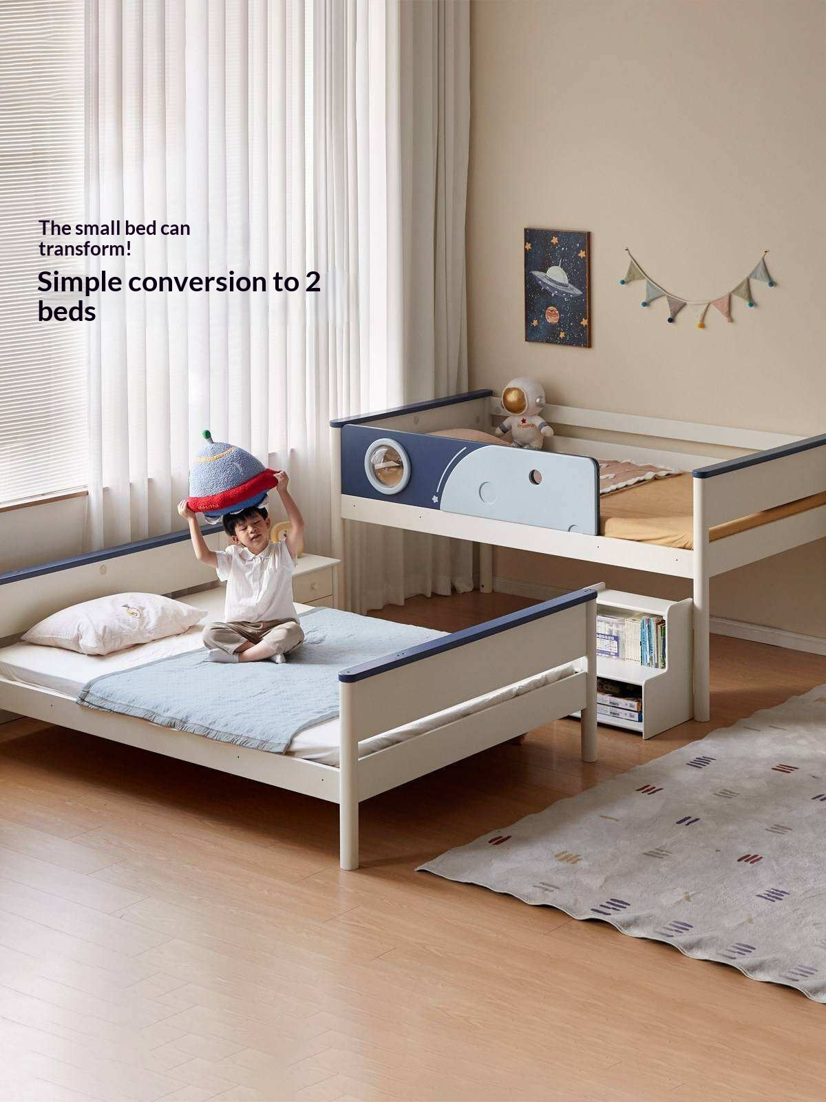 Rubberwood Solid Wood Spaceship-Themed Bunk Bed with Porthole Window