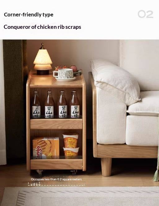 Oak Solid Wood Side Table with Mobile Trolley and Storage Functionality