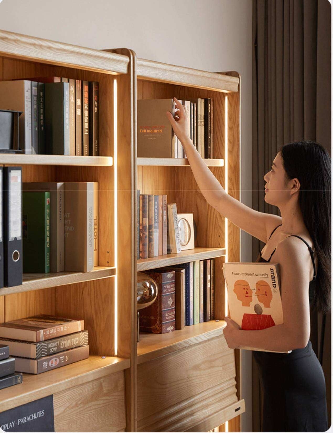 Oak Solid Wood Display Bookcase with Wall-Mounted Option and Storage Cabinet