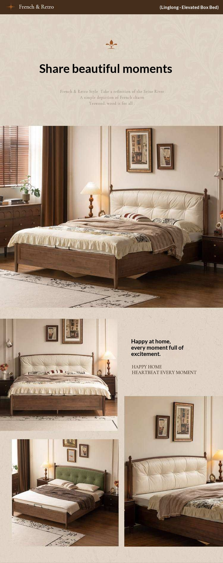 Black Walnut Solid Wood Four Poster Storage Bed with Tufted Headboard and Gas Lift