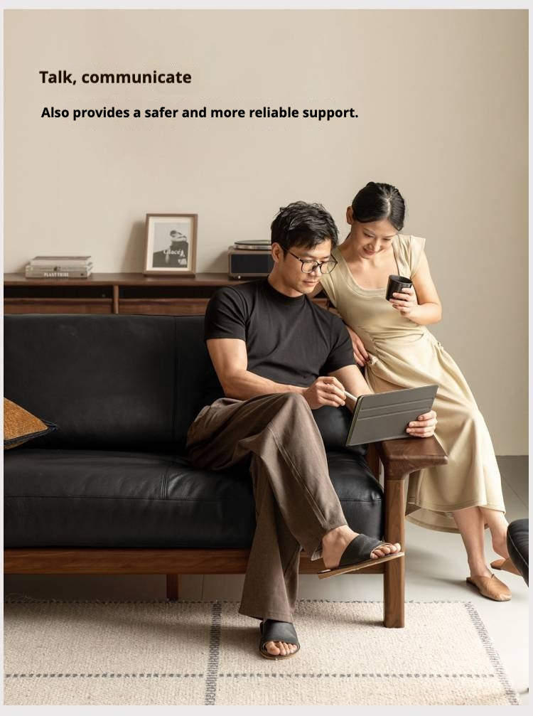 Black Walnut, Ash Solid Wood Wabi Sabi Style Genuine Leather Sofa, fabric sofa