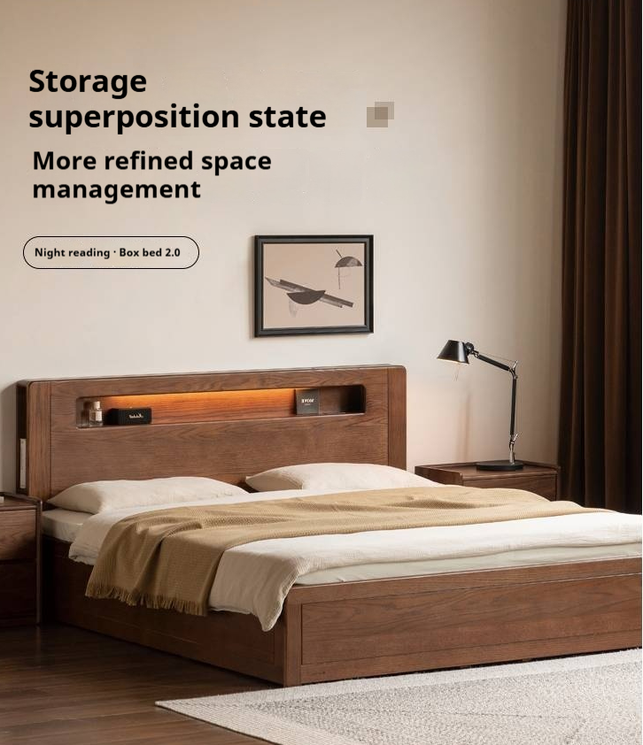 Oak Solid Wood Modern Minimalist Multifunctional with Light Box Bed