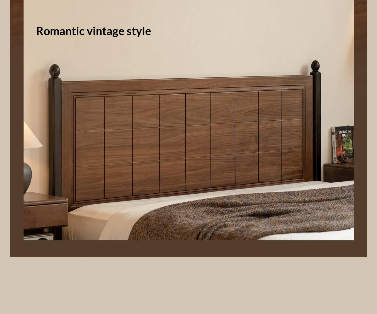 Black Walnut Solid Wood Four Poster Bed with Grid Panel Headboard