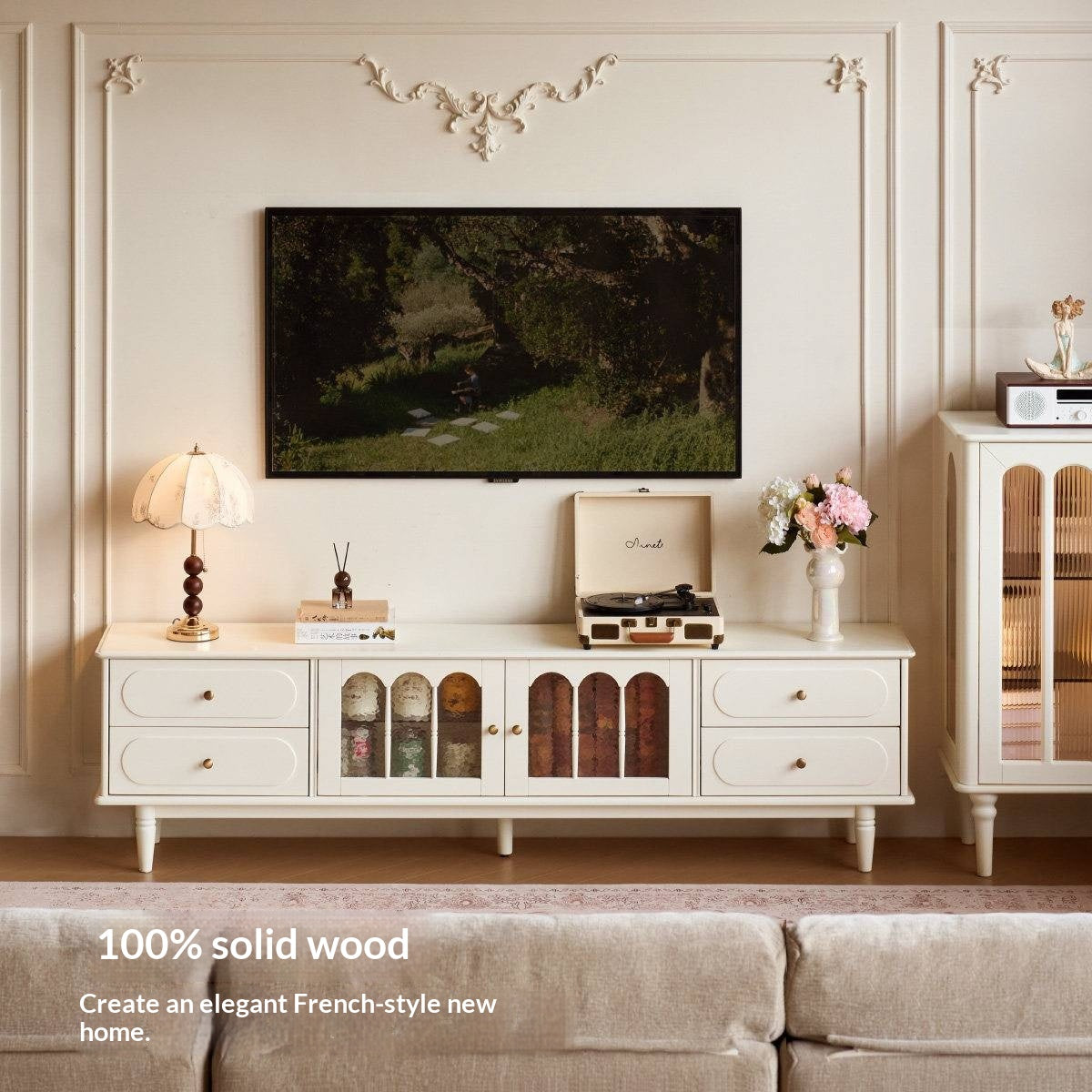 Solid RubberWood French Country TV Console with Arched Glass Doors
