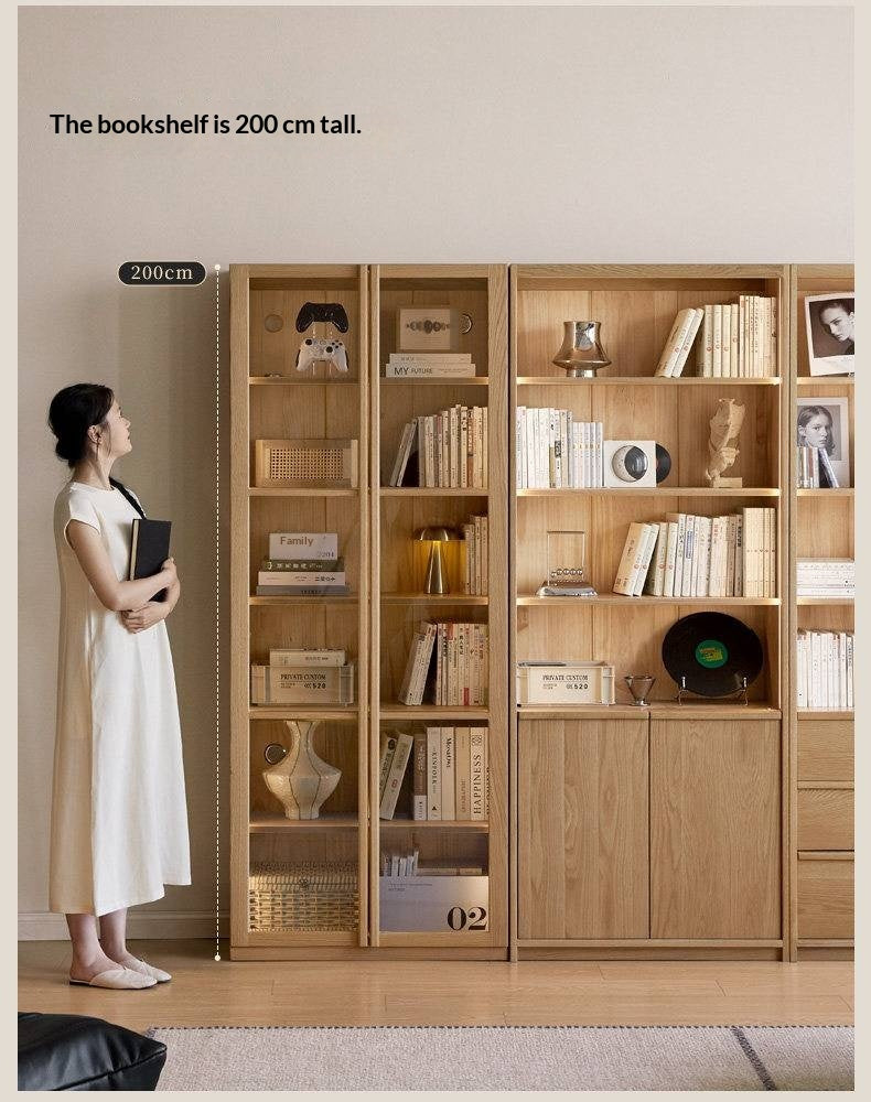 White Oak Solid Wood Bookcase and Display Cabinet with Glass Doors and Built-In Lights