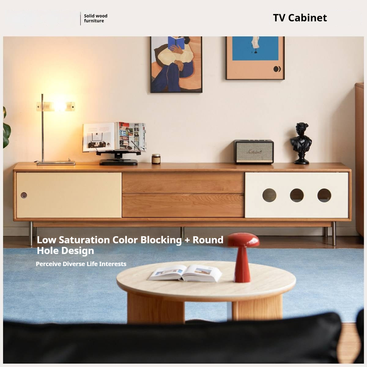 Cherry Solid Wood Bauhaus TV Stand with Color-Block Storage