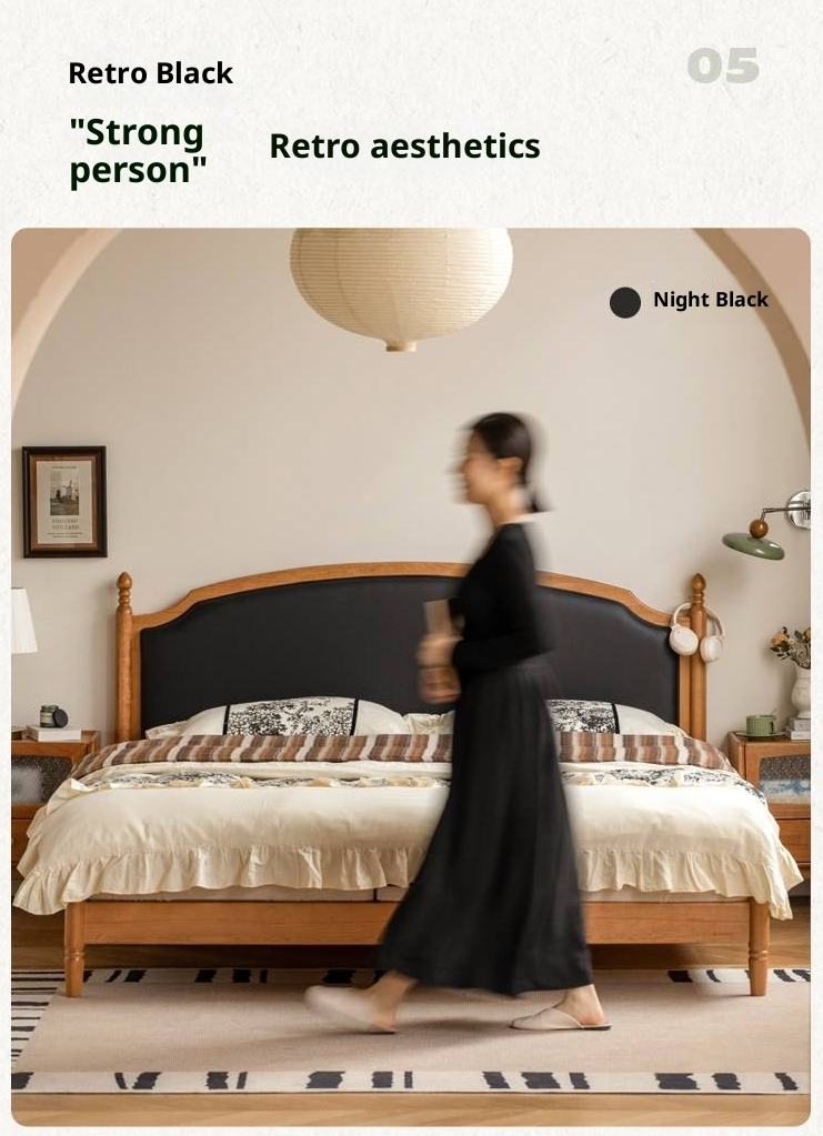 Cherry Solid Wood Soft Backrest Bed, French Retro Style