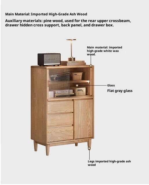 Ash Solid Wood Modern Minimalist Side Cabinet with Light.