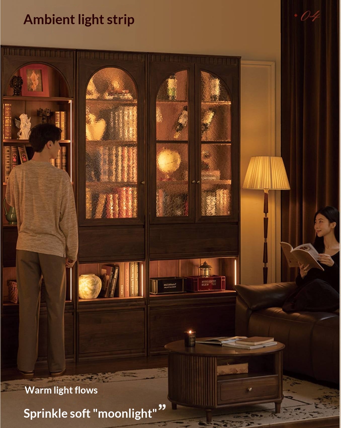 Black Walnut, Solid Sandalwood Arched Vintage Bookcase with Glass Door and Storage Drawer