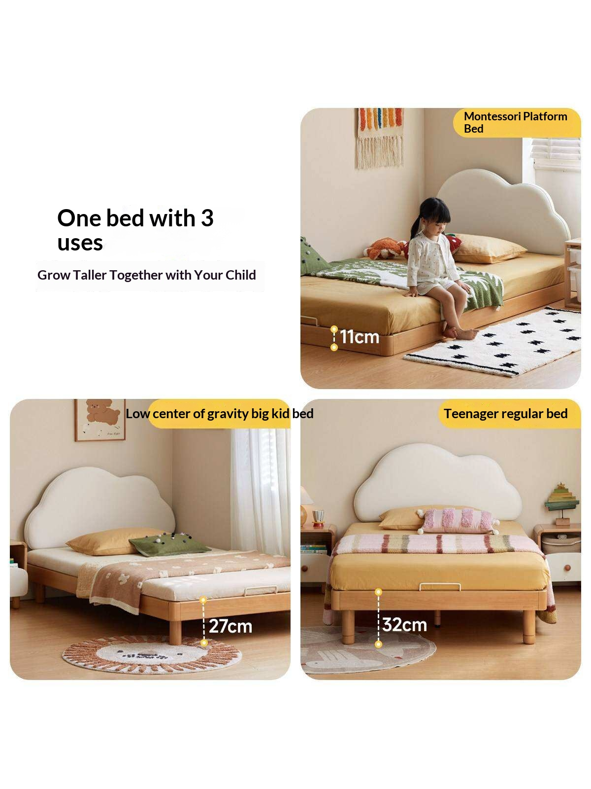Beech Solid Wood Upholstered Kids Bed with Cloud-Shaped Headboard