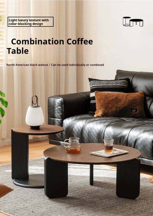 Black Walnut, Sandalwood Solid Wood Round Coffee Table Italian Light Luxury.