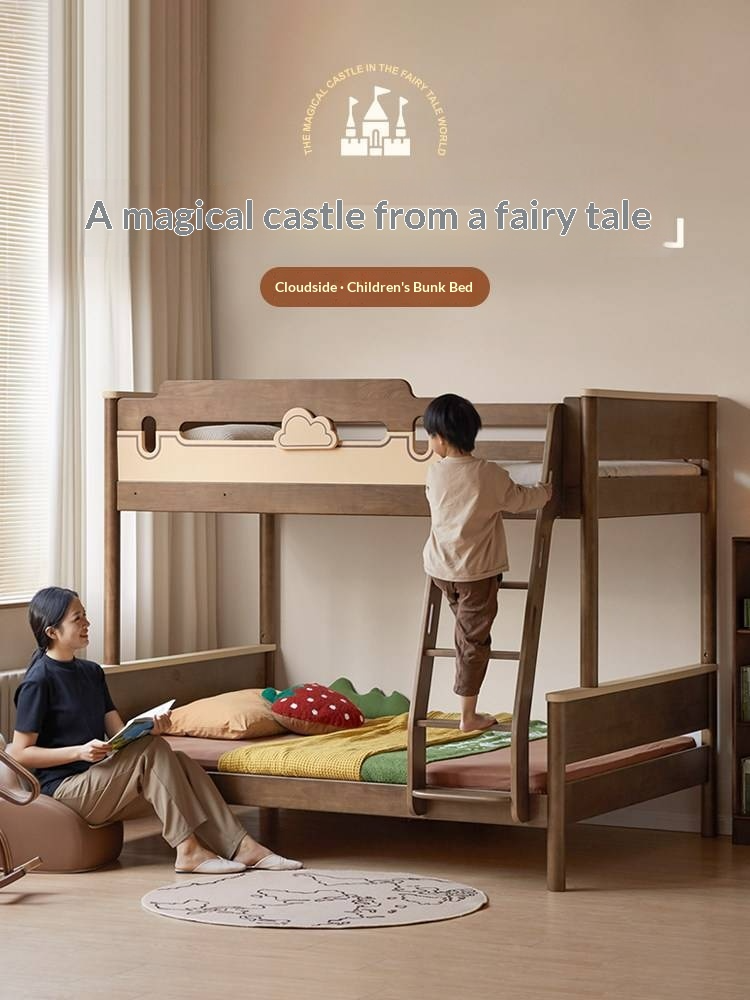 Rubberwood Solid Wood Castle-Inspired Bunk Bed with Cloud Cutout Guardrail