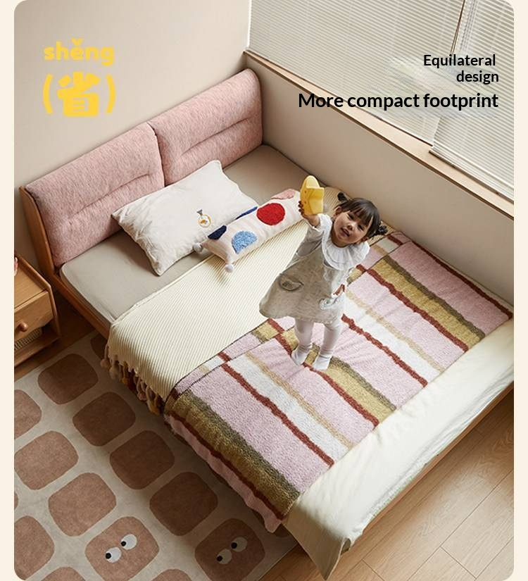 Beech Solid Wood Adjustable Height Kids Bed with Upholstered Segmented Headboard